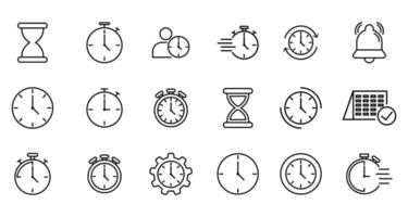 Time icon set. Timer, alarm, schedule, hourglass, clock icons, speed, restore, management, calendar, watch thin line symbols for web and mobile on white background. vector
