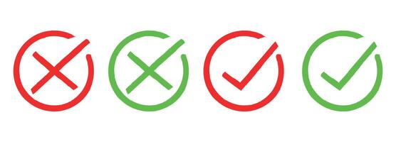 Check mark, tick and cross brush signs, Two dirty grunge cross x and tick OK check marks in check boxes, symbols YES and NO button for vote, hand drawn with brush strokes. vector