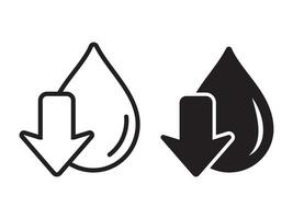Low water level icon. Droplet with arrow down symbol. Reduce water usage icon, Supply shortage illustration isolated. vector