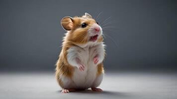 Playful Hamster Standing on Hind Legs with Paws Raised Against a Gray Background photo