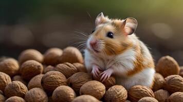 Adorable Hamster Posing on a Pile of Nuts in a Natural Setting photo