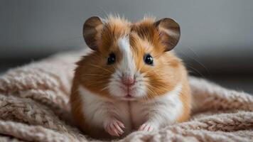 Adorable Syrian Hamster With Full Cheek Pouches Relaxing on a Soft Blanket photo