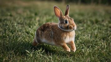 A Curious Bunny Rabbit Hopping Through a Field of Lush Green Grass photo