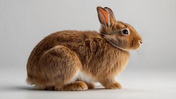 Adorable Brown Rabbit Sitting on a White Floor photo