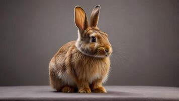 Adorable Brown Rabbit with Fluffy Fur Posing on a Neutral Background photo