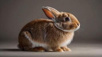 Adorable Fluffy Brown Rabbit with White Patch Sitting on a Grey Background photo
