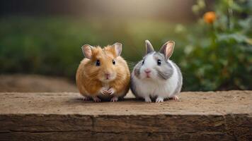 Two Adorable Small Animals, a Hamster and a Rabbit, Sit Side by Side in a Forest Setting, Displaying a Sweet Friendship photo