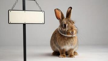 Curious Rabbit Gazing at Blank Signboard on White Background photo