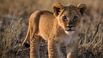 Adorable Lion Cub Portrait in Botswana Savanna photo