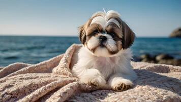 Adorable Shih Tzu Puppy Relaxing on Blanket Near Ocean photo
