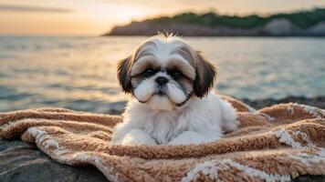 Adorable Shih Tzu Puppy Relaxing on Beach Blanket at Sunset photo