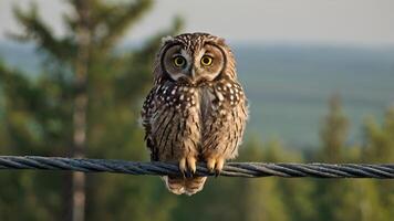 Majestic Young Owl Perched on Wire Against Blurred Forest Background photo