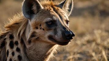 Serene Spotted Hyena Portrait in Golden Savanna Light photo