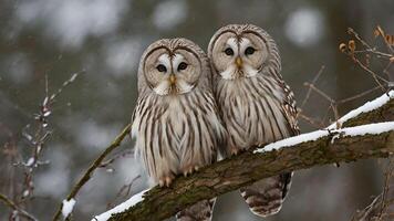 Two Ural Owls Perched on Snowy Branch in Winter photo