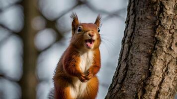 Adorable Red Squirrel Yawning in a Tree photo