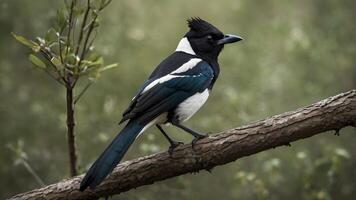 Eurasian Magpie Perched on Branch in Serene Forest photo