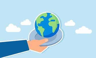 A hand holds a plate with a globe, illustration of setting business goals to achieve a global scale vector