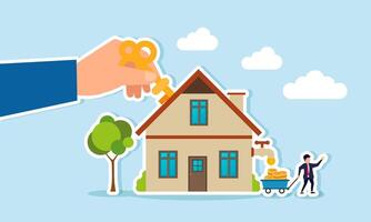 A hand inserts a key into a house while a businessman collects dollar coins from a house, illustration of solutions to increase business profit and revenue vector