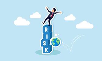 A businessman nearly falls from a stack of boxes labeled RISK hit by a globe, illustration of larger business scale increasing risks vector