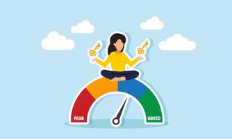 A businesswoman meditating on a fear graph while holding a key, illustration of business analysis on risks in decision-making solutions for business problems vector