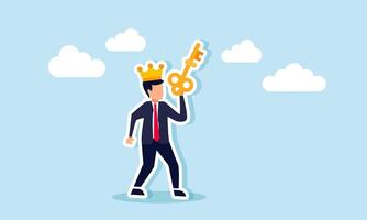 A businessman like a king carries a key, illustration of a leading company offering a product that provides solutions for business market problems vector