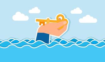 A hand saves a key from a flood, illustration of securing business solutions from challenges to stay relevant vector
