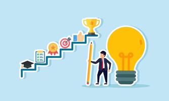 A businessman holding a pencil near a lamp after creating educational steps leading to champion, illustration of step-by-step career growth with creativity in ideas and innovation vector