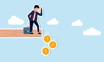 A businessman observes coins falling from the edge of a board, illustration of monitoring and overseeing currency valuation decline vector