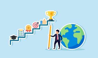 A businessman holding a pencil near a globe after creating educational steps leading to champion, illustration of step-by-step business career growth on an international scale vector