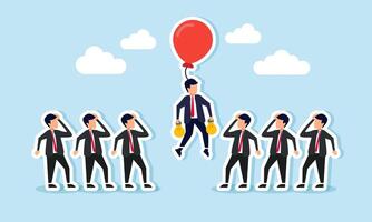 A businessman holding a lamp attached to a flying balloon, observed by a colleague or competitor, illustration of shifting from competition to business collaboration using new ideas vector