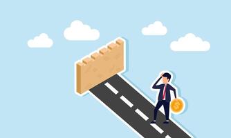 A businessman carrying a dollar coin looks confused by a wall blocking the path, illustration of thinking about ways to increase business profit and revenue vector