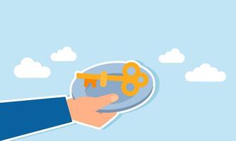 A hand holds a plate with a key, illustration of offering solutions to business problems vector