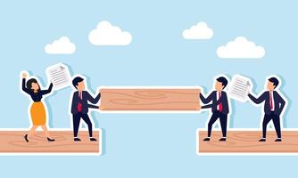 Two businessmen collaborate to assemble and complete board connections while two others hold procedure papers, illustration of teamwork in build a business alliance or joint venture vector