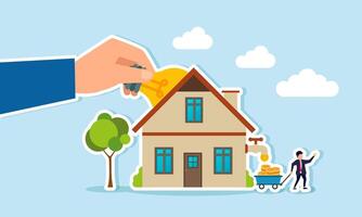 A hand inserts a lamp into a house while a businessman collects dollar coins from a house, illustration of creativity in innovation and ideas boosting business profit and revenue vector
