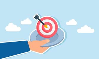 A hand holds a plate with a target board, illustration of setting business goals to drive growth vector