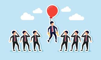A businessman holding a key attached to a flying balloon, observed by a colleague or competitor, illustration of shifting from competition to business collaboration with solutions vector