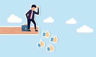 A businessman observes thumbs falling from the edge of a board, illustration of monitoring and overseeing the decline in market attention for business vector
