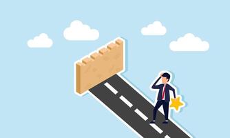 A businessman carrying a star looks confused by a wall blocking the path, illustration of thinking about ways to improve business quality vector