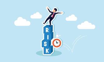 A businessman nearly falls from a stack of boxes labeled RISK hit by a clock, illustration of approaching project deadlines increasing risk vector