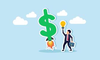 A businessman holding a lamp stands beside a dollar sign launching like a rocket, illustration of using ideas and innovation to exponentially boost business profit and revenue vector