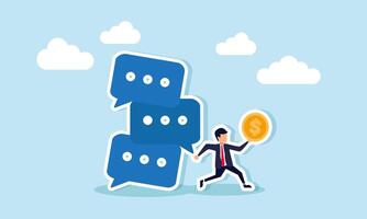 A businessman runs carrying a dollar coin, avoiding a stack of chat dialogues about to collapse, illustration of saving company financial assets from negative market talk vector