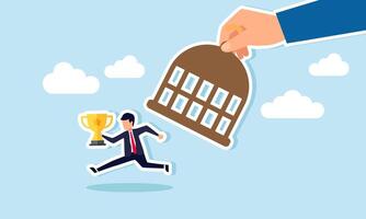 A hand opens a drum trap and frees a businessman carrying a trophy, illustration of freedom as a leading company in guiding and persuading the market vector