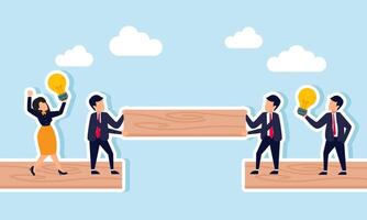 Two businessmen collaborate to complete board connections while two others hold lamps, illustration of teamwork in build a business alliance or joint venture with ideas vector