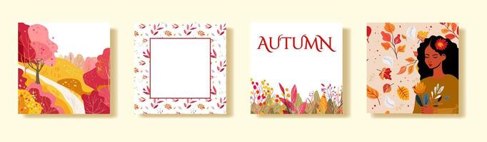 Set of square posters with autumn cards. Hamd drawn vectoor vector