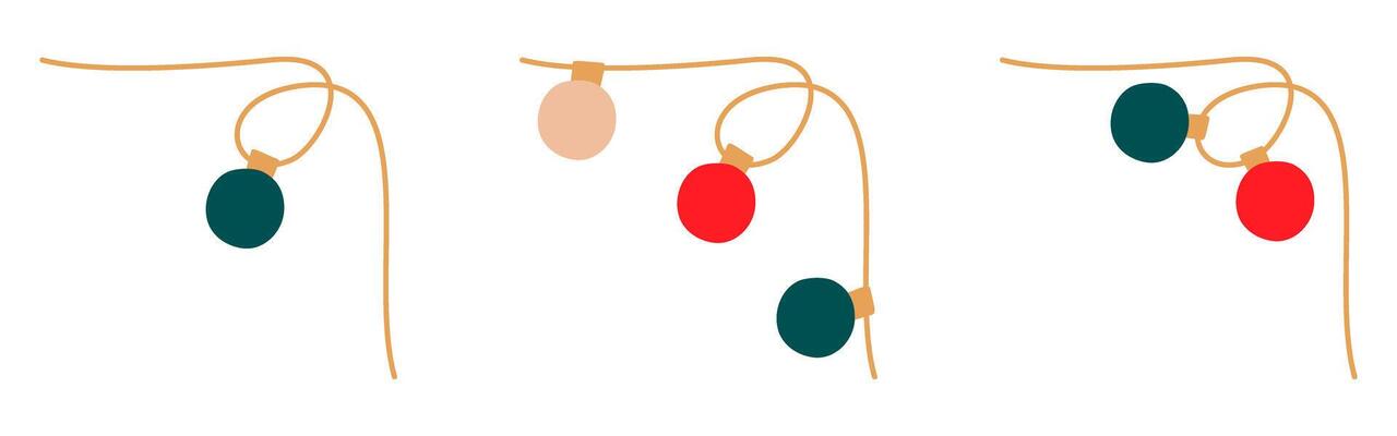 Christmas lights angular garland with colored circle bulbs set. Glowing Xmas festive string decoration hanging retro lamps lightbulb for holiday cards, banners, posters. Isolated illustration