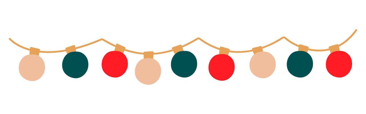 Christmas lights sectioned garland colored circle bulbs. Xmas festive string decoration with hanging retro lightbulb. Glowing lamps for holiday cards, banners, posters, web. illustration.