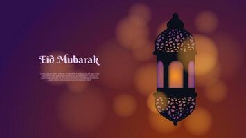 eid mubarak greeting card with lantern and bokeh background vector