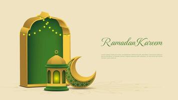 Ramadan Kareem background with 3d crescent, gate and lantern in green and gold color. islamic illustration vector