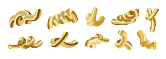 Set of 3d golden metallic twisted liquid lines shapes vector