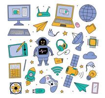 Technology doodles collection, cartoon elements clipart of internet connection, artificial intelligence and devices for prints, stickers, cards, social media, etc. EPS 10 vector